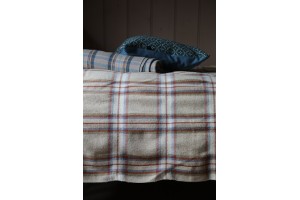 Mid Century Welsh blanket . Herringbone twill in Caramel & Cream with Chestnut and Denim Blue CP12